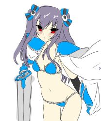 Rule 34 | armor, asuto110, bikini, black hair, breasts, cape, cleavage, long hair, navel, neptune (series), red eyes, small breasts, stomach, swimsuit, sword, thighs, tsundere, twintails, two side up, uni (neptunia), weapon, wet