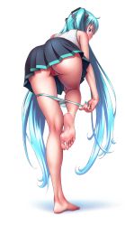 Rule 34 | 1girl, aqua hair, aqua nails, ass, barefoot, black skirt, blush, censored, cleft of venus, feet, female pubic hair, from behind, hair ornament, hatsune miku, highres, huge ass, long hair, mosaic censoring, nail polish, panties, panty pull, pubic hair, purple eyes, pussy, removing panties, shadow, shirt, simple background, skirt, sleeveless, sleeveless shirt, solo, standing, standing on one leg, striped clothes, striped panties, twintails, underwear, undressing, vocaloid, white background, wokada