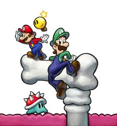 Rule 34 | 2boys, absurdres, blue overalls, bone, boots, brothers, brown footwear, brown hair, facial hair, gloves, green headwear, green shirt, hat, highres, luigi, mario, mario &amp; luigi: bowser&#039;s inside story, mario &amp; luigi rpg, mario (series), multiple boys, mustache, nintendo, official art, overalls, red headwear, red shirt, shirt, siblings, simple background, spike blop, starlow, transparent background, white gloves