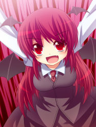 Rule 34 | &gt;:d, 1girl, :d, arms up, bad id, bad nicoseiga id, bat wings, black skirt, blush, dress shirt, embodiment of scarlet devil, fang, female focus, head wings, highres, koakuma, long hair, long sleeves, necktie, open mouth, red eyes, red hair, red necktie, shefu, shirt, skirt, skirt set, smile, solo, touhou, v-shaped eyebrows, very long hair, vest, wings