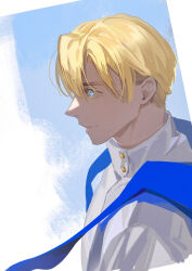 Rule 34 | 1boy, blonde hair, blue eyes, blue scarf, buttons, closed mouth, collared shirt, colored eyelashes, commentary, cropped torso, dimitri alexandre blaiddyd, fire emblem, fire emblem: three houses, hair between eyes, highres, looking ahead, male focus, nintendo, profile, scarf, shirt, short hair, smile, solo, upper body, vgmondo, white shirt