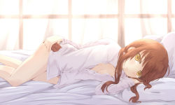 Rule 34 | 10s, 1girl, bare legs, bed sheet, blouse, bottomless, breasts, brown hair, colored eyelashes, curtains, hair between eyes, highres, hikari niji, inazuma (kancolle), indoors, kantai collection, long hair, looking at viewer, lying, naked shirt, on side, shirt, sidelocks, sleepwear, small breasts, solo, thighs, white shirt, window, yellow eyes