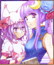 Rule 34 | 2girls, bat wings, book, china dress, chinese clothes, crescent, crescent hair ornament, dress, female focus, hair ornament, hat, highres, marker (medium), multiple girls, patchouli knowledge, purple eyes, purple hair, remilia scarlet, shikishi, short hair, embodiment of scarlet devil, touhou, traditional media, wings, yukko