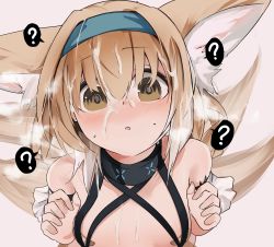 Rule 34 | 1girl, :o, ?, absurdres, animal ears, arknights, bandaid, bandaids on nipples, bare shoulders, blonde hair, blue hairband, blush, brown eyes, collar, cum, cum on body, cum on hair, cum on upper body, empty eyes, facial, female focus, flat chest, fox ears, fox girl, fox tail, gradient hair, hairband, hand up, hetero, highres, infection monitor (arknights), kokihanada, long hair, looking at viewer, material growth, multicolored hair, multiple tails, open mouth, oripathy lesion (arknights), parted lips, pasties, simple background, solo, speech bubble, spoken question mark, steam, steaming body, suzuran (arknights), tail, upper body, white background, white hair