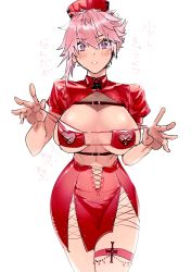 Rule 34 | 1girl, blush, breast strap, breasts, cleavage, cleavage cutout, clothing cutout, code vein, female protagonist (code vein), hair between eyes, hat, highres, large breasts, looking at viewer, midriff, muscular, muscular female, navel, nurse, nurse cap, open clothes, pink hair, purple eyes, red skirt, shishamo 712, short hair, side slit, simple background, skirt, solo, spiked hair, strap pull, sweatdrop, very short hair, white background