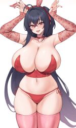 Rule 34 | 1girl, :p, ahoge, animal ears, azur lane, bare shoulders, black hair, breasts, choker, collarbone, commentary request, cowboy shot, detached sleeves, fake animal ears, gigantic breasts, groin, hair intakes, hairband, highres, huge breasts, kuavera, long hair, long sleeves, looking at viewer, midriff, navel, one side up, panties, pink thighhighs, rabbit ears, red choker, red eyes, red hairband, red panties, side-tie panties, simple background, smile, solo, standing, stomach, strapless, taihou (azur lane), thick thighs, thighhighs, thighs, tongue, tongue out, underwear, very long hair, white background