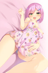 Rule 34 | 1girl, :d, aria (koiiroharemoyou), aroused, blush, breasts, camisole, commentary, eyelashes, fingernails, floral print, foreshortening, furrowed brow, green eyes, hair ornament, hairclip, hand on own thigh, hand up, head tilt, highres, knee up, large breasts, looking at viewer, lying, medium hair, mesugaki, naughty face, nipples, off shoulder, on back, on bed, open mouth, panties, panty peek, parted bangs, pink camisole, pink hair, smile, solo, tanikaze amane, teeth, tenshi souzou re-boot!, thighs, underwear, upper teeth only, white panties