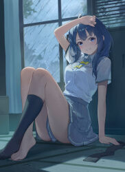 1girl absurdres bare_legs barefoot blue_bow blue_bowtie blue_eyes blue_hair bow bowtie broken_(7589468) feet grey_skirt highres indoors knees_up long_hair looking_at_viewer make_heroine_ga_oo_sugiru! medium_hair no_shoes pov rain single_sock skirt smile socks solo summer_uniform tiptoes unworn_legwear wet wet_clothes yanami_anna yellow_bow yellow_bowtie