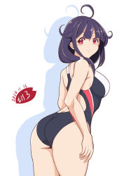 Rule 34 | 1girl, ahoge, alternate costume, ass, black one-piece swimsuit, breasts, competition swimsuit, cowboy shot, hair flaps, highleg, highleg swimsuit, kantai collection, large breasts, low twintails, moke ro, multicolored clothes, multicolored swimsuit, one-piece swimsuit, purple hair, red eyes, red one-piece swimsuit, solo, swimsuit, taigei (kancolle), twintails, white one-piece swimsuit