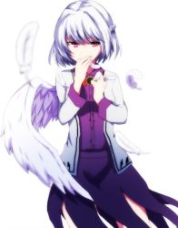 Rule 34 | 1girl, bad id, bad twitter id, bow, bowtie, covering own mouth, dress, jacket, jpeg artifacts, kishin sagume, long sleeves, open clothes, purple dress, red eyes, shirt, short hair, silver hair, single wing, solo, touhou, wings, you (noanoamoemoe)