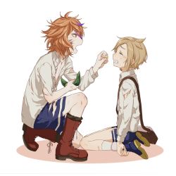 Rule 34 | 10s, 2boys, bag, boots, bruise, clenched teeth, crying, cuts, feeding, gotou toushirou, hair ornament, hairclip, houchou toushirou, injury, kneeling, leaf, male focus, messenger bag, multicolored hair, multiple boys, oisih, on one knee, open mouth, orange hair, shorts, shoulder bag, simple background, streaked hair, teeth, torn clothes, touken ranbu
