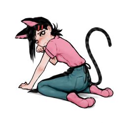 Rule 34 | 1girl, absurdres, animal ears, apron, black apron, black hair, cat ears, cat feet, cat tail, chainsaw man, collared shirt, gurumo (twitter), hair ornament, hairclip, higashiyama kobeni, highres, hunched over, kneeling, looking at viewer, looking back, mole, mole under eye, mole under mouth, multiple moles, nyan, pink shirt, seiza, shirt, short ponytail, simple background, single sidelock, sitting, solo, tail, waist apron, white background