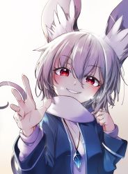 Rule 34 | 1girl, absurdres, adapted costume, animal ear fluff, animal ears, blue jacket, blush, breasts, commentary request, glint, grey hair, grin, hair between eyes, hand up, head tilt, highres, jacket, jewelry, kibayashi kimori, long sleeves, looking at viewer, mouse ears, mouse tail, nazrin, pendant, red eyes, scarf, shirt, short hair, simple background, small breasts, smile, solo, tail, touhou, upper body, waving, white background, white scarf, white shirt, winter clothes
