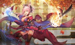 Rule 34 | &gt;:d, 1girl, :d, asymmetrical hair, autumn leaves, black thighhighs, blue eyes, boots, breasts, cleavage, dual wielding, earrings, fate/grand order, fate (series), flaming sword, flaming weapon, hair ornament, holding, holding sword, holding weapon, japanese clothes, jewelry, katana, knee boots, large breasts, leaf print, leg up, long hair, looking at viewer, maple leaf print, miyamoto musashi (fate), miyamoto musashi (third ascension) (fate), open mouth, outstretched arms, pink hair, sheath, sheathed, smile, solo, sword, teddy (khanshin), teeth, thighhighs, v-shaped eyebrows, weapon, wide sleeves