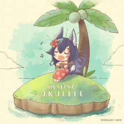 Rule 34 | 1girl, :d, animal ear fluff, animal ears, black hair, bob-the-bison, character name, chibi, coconut, coconut tree, dress, english text, closed eyes, fang, flipped hair, floral print, flower, hair flower, hair ornament, hairclip, highres, hololive, instrument, island, long hair, multicolored hair, music, ookami mio, open mouth, palm tree, playing instrument, print dress, red dress, red hair, sidelocks, singing, skin fang, smile, solo, strapless, strapless dress, streaked hair, tail, tree, tube dress, ukulele, very long hair, virtual youtuber, wolf ears, wolf girl, wolf tail, |d