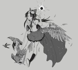 Rule 34 | 1girl, arm cannon, asymmetrical footwear, bird, bird wings, boots, bow, cape, closed mouth, collared shirt, commentary, feathered wings, feathers, frilled shirt collar, frilled skirt, frills, frown, full body, greyscale, hair bow, hand up, highres, long hair, looking at viewer, momijigari, monochrome, puffy short sleeves, puffy sleeves, reiuji utsuho, shirt, short sleeves, sidelocks, single boot, skirt, solo, starry sky print, third eye, touhou, two-sided cape, two-sided fabric, weapon, wings