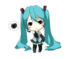 Rule 34 | 1girl, aqua eyes, aqua hair, bare shoulders, blush, boots, chibi, detached sleeves, hand on own chin, hatsune miku, headset, ino (magloid), long hair, necktie, pleated skirt, simple background, skirt, solo, standing, stroking own chin, thigh boots, thighhighs, twintails, very long hair, vocaloid, zettai ryouiki