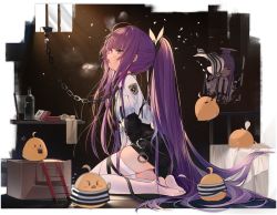 Rule 34 | 1girl, alcohol, arm behind back, azur lane, bird, black shorts, blue eyes, bottle, cat teaser, chick, eyelashes, hair ribbon, kincora, leash, long hair, looking away, manjuu (azur lane), no shoes, official alternate costume, official art, open mouth, photo (object), ponytail, prison, prison clothes, profile, purple hair, restrained, ribbon, shirt, short shorts, shorts, skindentation, solo, striped clothes, striped shirt, suspender shorts, suspenders, sweat, tashkent (azur lane), tashkent (the bound cruiser) (azur lane), thighhighs, transparent background, very long hair, vodka, white shirt, white thighhighs