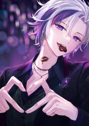 Rule 34 | 1boy, black jacket, black shirt, blurry, blurry background, bokeh, brooch, candy, chocolate, chocolate heart, collarbone, collared shirt, commentary request, depth of field, earrings, food, food in mouth, formal, fuwa minato, grey vest, hands up, head tilt, heart, heart hands, highres, jacket, jewelry, lapels, looking at viewer, male focus, multicolored hair, necklace, nijisanji, notched lapels, parted lips, pink hair, purple background, purple eyes, purple hair, shirt, short hair, snowlight candy, solo, suit, teeth, tsurime, upper body, upper teeth only, valentine, vest, virtual youtuber, white hair, wing collar