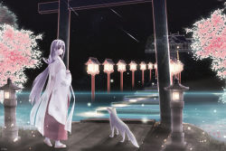 Rule 34 | 1girl, architecture, bug, cherry blossoms, east asian architecture, firefly, fox, bug, japanese clothes, lantern, long hair, long sleeves, night, night sky, ntake toukasaien, original, purple eyes, purple hair, sky, standing, star (symbol), stone lantern, torii, tree, wide sleeves