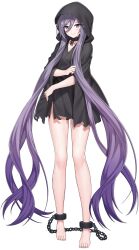 Rule 34 | 1girl, absurdres, ankle cuffs, barefoot, blue eyes, chain, collar, counter:side, cuffs, full body, highres, light smile, long hair, lucrecia (counter:side), official art, purple hair, rags, smile, solo, standing, tachi-e, toes, torn clothes, transparent background
