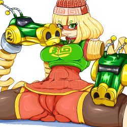 Rule 34 | 1girl, arms (game), beanie, blonde hair, breasts, cameltoe, cleft of venus, covered erect nipples, green eyes, hat, looking at viewer, mask, medium breasts, min min (arms), open mouth, pantyhose, short hair, simple background, solo, uirou-zazami, white background