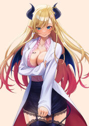 Rule 34 | 1girl, aqua eyes, bat tattoo, black horns, black skirt, black thighhighs, blonde hair, blush, breast tattoo, breasts, center frills, cleavage, closed mouth, coat, collarbone, collared shirt, commentary request, demon girl, demon horns, demon tail, demon wings, ear blush, frilled shirt, frills, garter straps, gradient hair, hair ribbon, highres, holding, holding clothes, holding coat, holding skirt, hololive, horn ornament, horn ring, horns, kz6cz, lab coat, lace, lace-trimmed legwear, lace-trimmed skirt, lace-trimmed thighhighs, lace trim, large breasts, long hair, looking down, mini wings, miniskirt, multicolored hair, open clothes, open coat, pencil skirt, pink hair, pink shirt, pointy ears, red coat, ribbon, shirt, simple background, single sidelock, skirt, solo, swept bangs, tail, tattoo, thighhighs, tress ribbon, two-sided coat, two-sided fabric, virtual youtuber, white coat, winged heart, wings, yuzuki choco, yuzuki choco (1st costume)