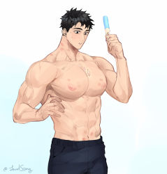 Rule 34 | 1boy, abs, bara, black hair, black pants, food, food on body, food on pectorals, holding, holding food, large pectorals, male focus, muscular, muscular male, navel, nipples, original, pants, parted lips, pectorals, popsicle, short hair, solo, ssong-ga, sweat, topless male, twitter username