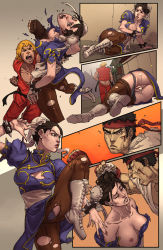Rule 34 | 1girl, aftersex, blood, breasts, capcom, cheese-ter, chun-li, covering privates, covering breasts, cum, defeat, grabbing another&#039;s hair, highres, ken masters, large breasts, nipples, rape, ryona, ryu (street fighter), street fighter, tagme, torn clothes, unconscious