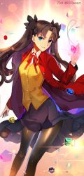 Rule 34 | 1girl, 2014, astarone, black pantyhose, blue eyes, brown hair, dated, fate/stay night, fate (series), gem, gradient background, hair ribbon, homurahara academy school uniform, jacket, long hair, looking at viewer, pantyhose, red jacket, ribbon, school uniform, skirt, smile, solo, tohsaka rin, two side up