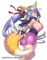 Rule 34 | 1girl, animal ears, ass, blue hair, blush, breasts, bridal gauntlets, character request, copyright request, dagger, dress, fishnet thighhighs, fishnets, fox ears, fox tail, fuji minako, hand fan, holding, holding weapon, knife, large breasts, long hair, looking back, ninja, official art, open mouth, original, ponytail, purple dress, sengoku gensoukyoku, shuriken, sideboob, smile, solo, tail, thighhighs, watermark, weapon, white background, yellow eyes