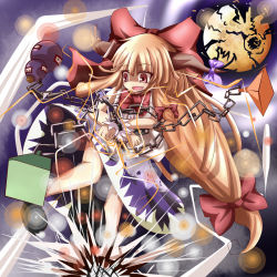 Rule 34 | 1girl, bottle, bow, chain, drunk, explosion, female focus, full body, gourd, haru ion, horns, ibuki suika, long hair, looking at viewer, low-tied long hair, oni, orange hair, red bow, red eyes, red hair, ribbon, shaded face, solo, touhou, very long hair