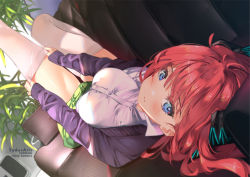 Rule 34 | 1girl, artist name, black ribbon, blue eyes, blush, bow, breasts, closed mouth, collared shirt, couch, dress shirt, dutch angle, from behind, go-toubun no hanayome, green bow, hair ribbon, indoors, knee up, leg up, long hair, looking at viewer, looking back, lying, medium breasts, miniskirt, nakano nino, on back, on couch, plant, potted plant, red hair, ribbon, school uniform, shirt, skirt, smile, solo, sydus, thighhighs, white shirt, white thighhighs