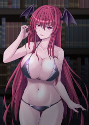 Rule 34 | 1girl, bat wings, bikini, blurry, bookshelf, breasts, collarbone, commentary request, cowboy shot, depth of field, hair between eyes, hair over breasts, head wings, highres, koakuma, large breasts, lips, long hair, looking at viewer, navel, parted lips, playing with own hair, purple bikini, raised eyebrow, red eyes, red hair, sidelocks, skindentation, slit pupils, solo, swimsuit, touhou, very long hair, vision (artist), wings