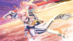 Rule 34 | 1girl, afloat, ayanami (azur lane), azur lane, choker, cloud, cloudy sky, commentary request, detached sleeves, fighting stance, hair ornament, hairpin, headgear, highres, holding, holding sword, holding weapon, horizon, long hair, looking at viewer, machinery, ocean, pleated skirt, remodel (azur lane), school uniform, serafuku, skirt, sky, solo, sword, thighhighs, torpedo tubes, twilight, utsuki (blackgoat1229), weapon, white thighhighs, wide sleeves, zettai ryouiki