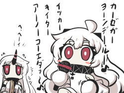 Rule 34 | 2girls, abyssal ship, ahoge, blush stickers, chibi, claws, collar, colored skin, comic, commentary request, detached sleeves, dress, flying sweatdrops, goma (gomasamune), highres, holding, holding microphone, horns, instrument, kantai collection, long hair, microphone, mittens, multiple girls, musical note, northern ocean princess, red eyes, revision, seaport princess, simple background, single horn, tambourine, translation request, white background, white dress, white hair, white skin