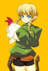 Rule 34 | 1girl, animal, bike shorts, bird, blonde hair, blue eyes, bow (weapon), capelet, chicken, closed mouth, cowboy shot, crossbow, cucco, from behind, green capelet, highres, holding, holding animal, hood, hood down, hyrule warriors, linkle, long hair, looking back, nintendo, onija tarou, pointy ears, puffy short sleeves, puffy sleeves, short sleeves, smile, the legend of zelda, weapon, yellow background