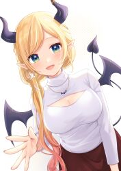 Rule 34 | 1girl, :d, absurdres, akowazaki, blonde hair, blue eyes, blush, breasts, cleavage, cleavage cutout, clothing cutout, demon horns, demon tail, demon wings, dutch angle, gradient hair, highres, hololive, horns, large breasts, long hair, long sleeves, looking at viewer, meme attire, multicolored hair, open-chest sweater, open mouth, pointy ears, smile, solo, sweater, swept bangs, tail, very long hair, virtual youtuber, white sweater, wings, yuzuki choco