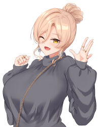 Rule 34 | 1girl, bag, black sweater, blonde hair, blush, breasts, earrings, fang, hair between eyes, hair bun, handbag, highres, jewelry, large breasts, long hair, long sleeves, looking at viewer, nijisanji, nui sociere, nui sociere (7th costume), official alternate costume, open mouth, reirall, ring, simple background, skin fang, sleeves past wrists, smile, solo, sweater, virtual youtuber, waving, white background, yellow eyes