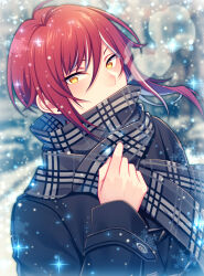 Rule 34 | 1boy, asymmetrical hair, blurry, blurry background, chiyu (silverxxxx), commentary request, covered mouth, earrings, ensemble stars!, hand up, jewelry, long sleeves, looking at viewer, male focus, multicolored hair, partial commentary, plaid, plaid scarf, red hair, sakasaki natsume, scarf, short hair, snowing, solo, streaked hair, stud earrings, two-tone hair, upper body, white hair, winter, yellow eyes