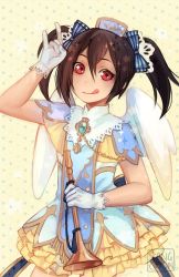 Rule 34 | 10s, 1girl, \m/, angel wings, artist name, brown hair, dress, frilled dress, frills, gem, gloves, hair ribbon, horn (instrument), love live!, love live! school idol festival, love live! school idol project, red eyes, ribbon, sangcoon, signature, smile, solo, star (symbol), starry background, tiara, tongue, tongue out, twintails, white gloves, wings, yazawa nico