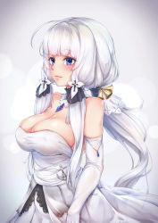 Rule 34 | 1girl, ahoge, azur lane, bare shoulders, black bow, blue eyes, blunt bangs, blush, bow, breasts, cleavage, closed mouth, collarbone, detached collar, dress, elbow gloves, eyelashes, flower, gem, gloves, hair flower, hair ornament, hair tie, highres, illustrious (azur lane), jewelry, kurofude anna, large breasts, light purple hair, lips, long hair, looking away, low-tied long hair, low ponytail, low twintails, mole, mole under eye, nose, pink lips, shiny skin, sidelocks, skindentation, smile, solo, strapless, strapless dress, twintails, very long hair, white dress, white gloves, white hair, white legwear