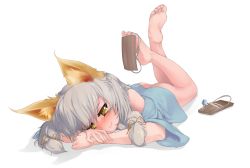 Rule 34 | 1girl, animal ear fluff, animal ears, ass, bare shoulders, barefoot, blush, bottomless, fang, feet, fox ears, fox girl, fox tail, full body, hair between eyes, head in hand, itsukarine, japanese clothes, kimono, legs up, long hair, looking at viewer, lying, no panties, original, unworn sandal, sandals, shadow, shoes, silver hair, single shoe, slit pupils, smile, soles, solo, tail, toes, twintails, white background, yukata