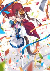 Rule 34 | 1girl, absurdres, animal ears, ascot, asymmetrical gloves, black gloves, blue eyes, blue shirt, blue skirt, boots, brown hair, confetti, crown, epaulettes, force (fossan 01), full body, gloves, gold trim, hand on own hip, hand up, highres, holding, holding clothes, holding jacket, horse ears, horse girl, horse tail, jacket, unworn jacket, knee boots, light blush, long hair, long sleeves, looking at viewer, mismatched gloves, multicolored hair, pink ascot, pleated skirt, red jacket, shirt, simple background, skirt, smile, solo, standing, streaked hair, tail, tokai teio (umamusume), two-tone hair, two-tone shirt, two-tone skirt, umamusume, uniform, white background, white footwear, white gloves, white hair, white shirt, white skirt