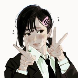 Rule 34 | 1girl, black hair, blush, chainsaw man, crying, crying with eyes open, female focus, formal, hair ornament, higashiyama kobeni, lips, looking away, mole, source request, suit, tears, v