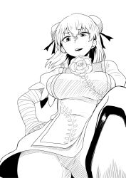 Rule 34 | 1girl, absurdres, bandaged arm, bandages, breasts, bun cover, commentary request, double bun, flower, foot focus, greyscale, hair bun, highres, himajin noizu, ibaraki kasen, large breasts, looking at viewer, monochrome, no panties, open mouth, puffy short sleeves, puffy sleeves, short hair, short sleeves, simple background, stepped on, tabard, touhou, white background