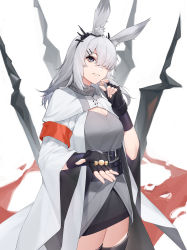 Rule 34 | 1girl, absurdres, animal ear fluff, animal ears, arknights, armband, belt, belt buckle, black gloves, black skirt, black thighhighs, blood, blush, breasts, buckle, candy, cleavage, cleavage cutout, clothing cutout, cowboy shot, darling0221, fingerless gloves, food, frostnova (arknights), gloves, grey eyes, hair ornament, hair over one eye, highres, holding, holding food, long hair, long sleeves, looking at viewer, medium breasts, miniskirt, parted lips, rabbit ears, scar, scar on face, scar on nose, silver hair, simple background, skirt, smile, solo, thighhighs, underbust, white background, wide sleeves, zettai ryouiki