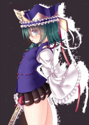 Rule 34 | 1girl, ass, blue eyes, breasts, from side, green hair, hat, long sleeves, microskirt, moura (kenyuugetu), open mouth, rod of remorse, shiki eiki, skirt, small breasts, solo, touhou, wide sleeves