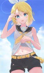 Rule 34 | 1girl, absurdres, bare shoulders, belt, black sailor collar, black shirt, black shorts, blonde hair, blue eyes, bow, clothes lift, cloud, cloudy sky, commentary request, cowboy shot, day, hair bow, highres, kagamine rin, lens flare, lifted by self, midriff, navel, neckerchief, open mouth, outdoors, sailor collar, shirt, shirt lift, short hair, shorts, sky, sleeveless, sleeveless shirt, solo, stomach, treble clef, vocaloid, wet, white bow, yellow belt, yellow neckerchief, yukisumomol3
