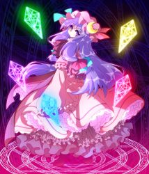 Rule 34 | 1girl, crescent, crystal, dress, frills, hat, kamome, long hair, looking back, magic circle, patchouli knowledge, purple eyes, purple hair, solo, touhou